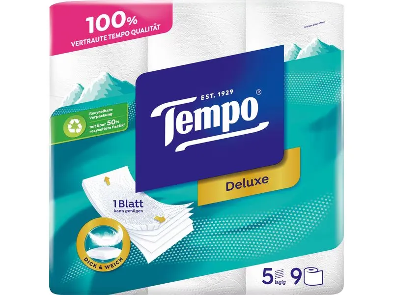 Tempo Toilettenpapier Deluxe 9 Rollen, 5-lagig, Weiss