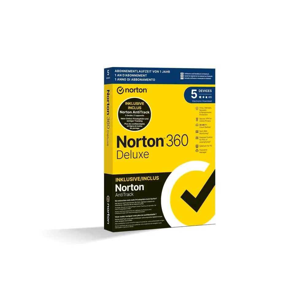 Norton 360 Deluxe + AntiTrack Bundle Box, 5 Dev., 1yr, 50GB Cloud